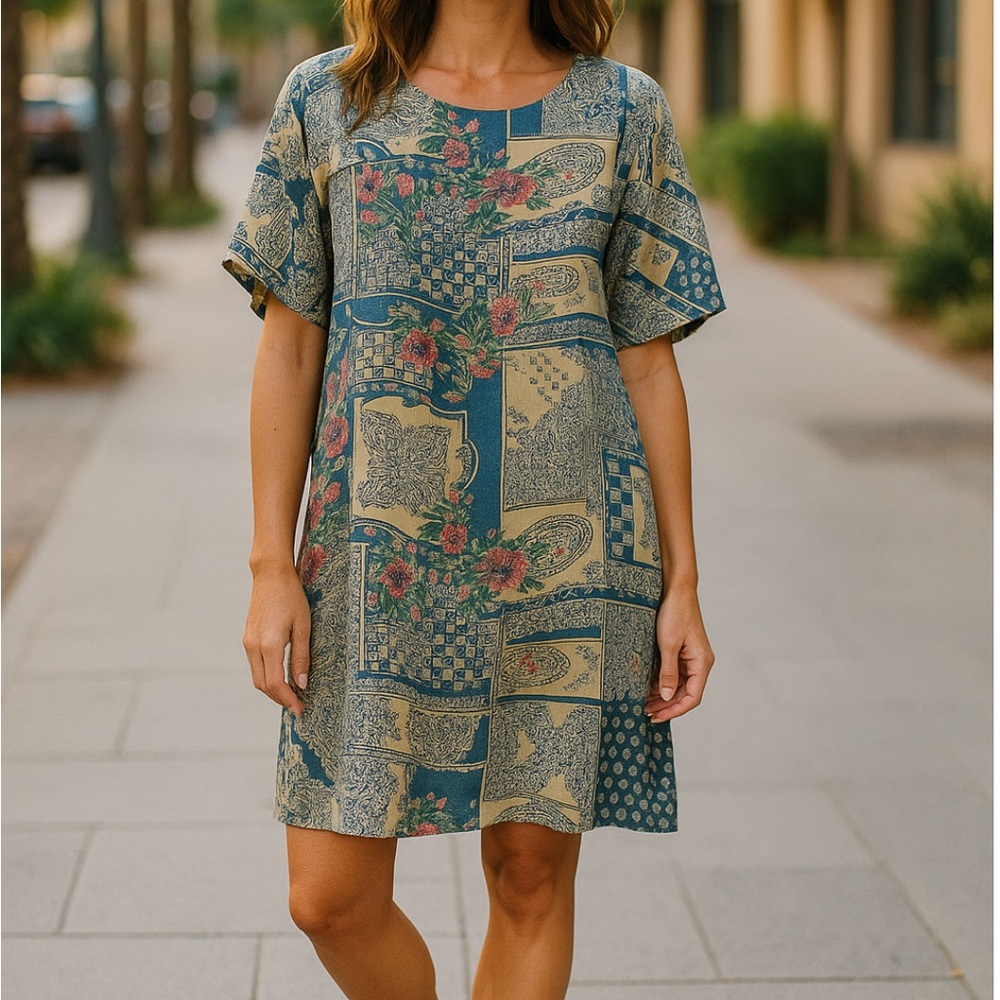 $290 Johnny Was Blue and Tan floral Patchwork burned velour silk  Tunic Dress S - Picture 2 of 13